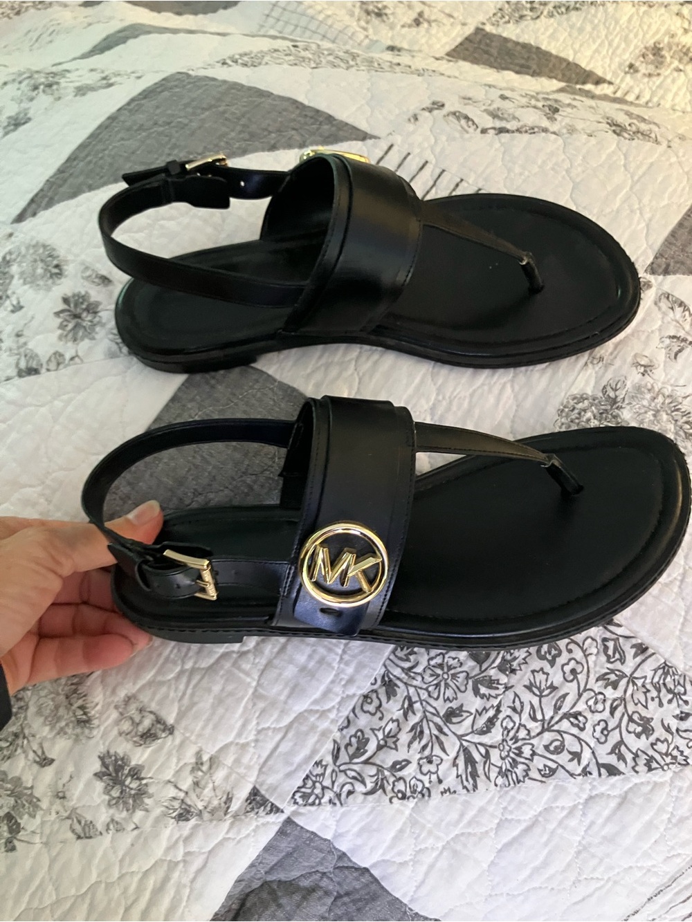 Michael Kors Black Sandals with Gold MK Emblem